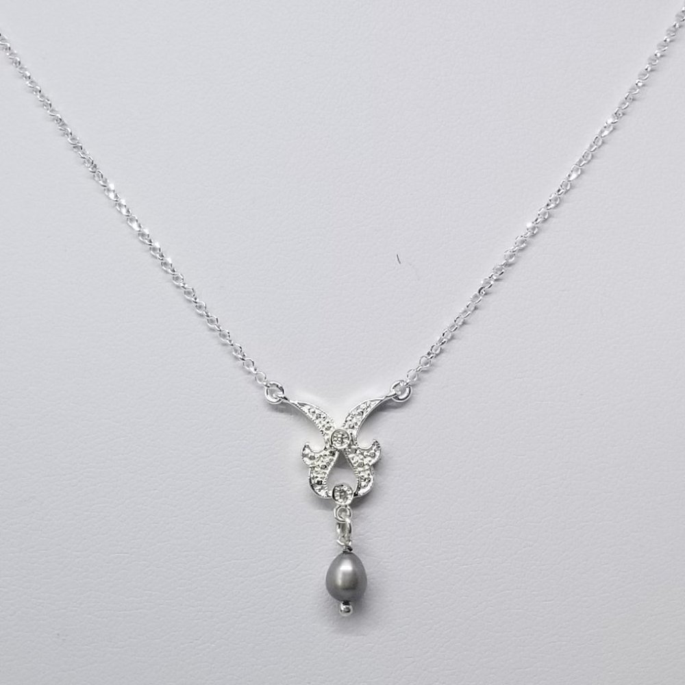 Sterling Silver Necklace  W/CZ and Drop Grey Pearl